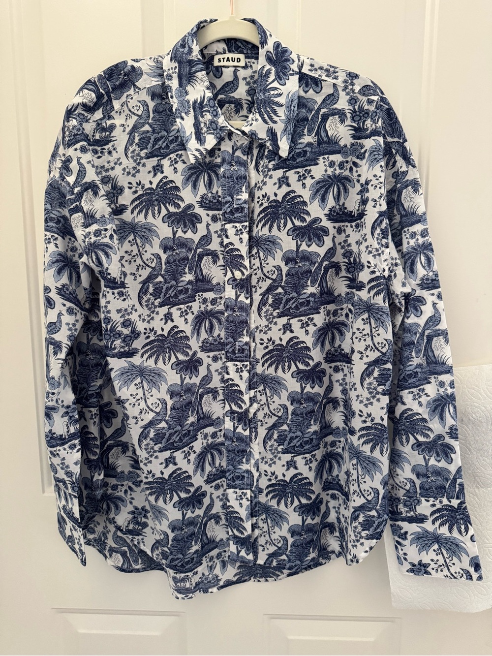 STAUD Blue and White Tropical Print Button-Up Blouse